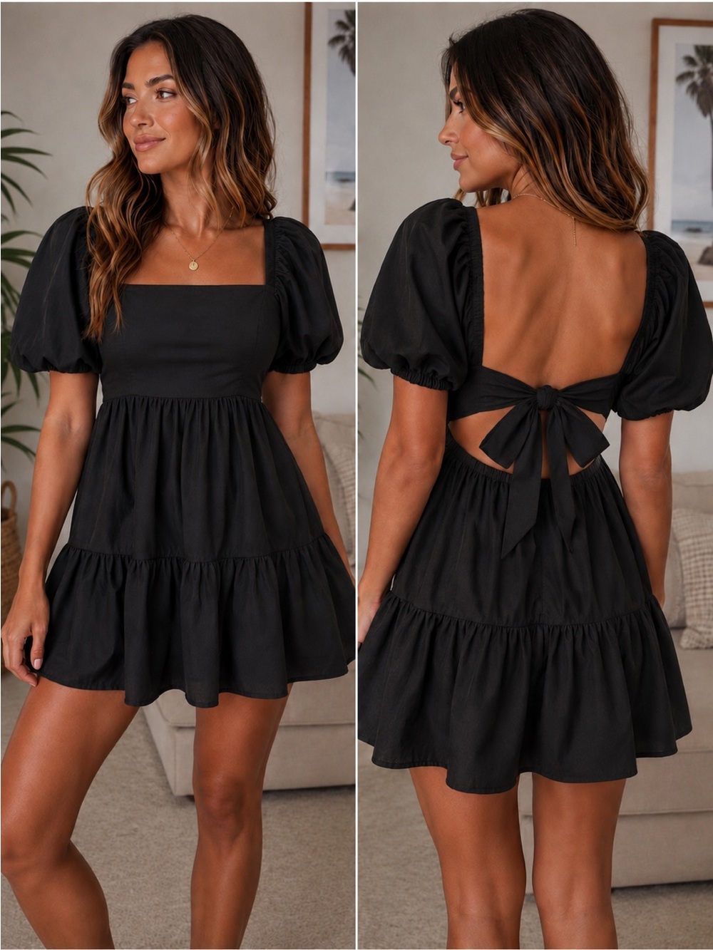 Puff Sleeve Tie-Back Mini Dress in Black